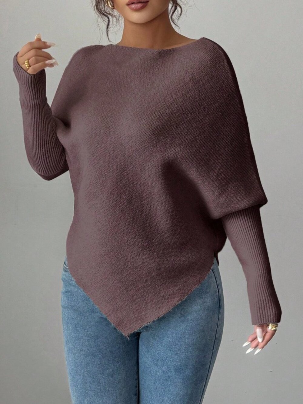 Coffee Brown Casual Women's Asymmetrical Batwing Rib-Knit Pullovers